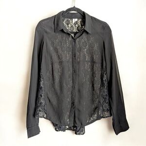 Frenchi Black Sheer Lace Button Up Blouse